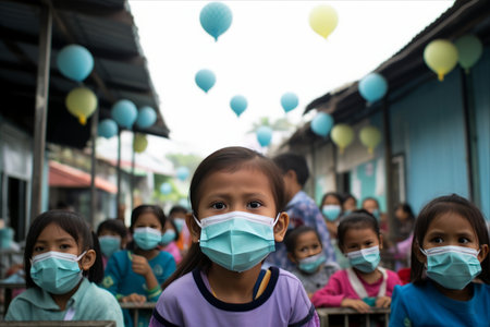 Unidentified Thai students wear face mask to prevent the spread of COVID-19 virus in Kanchanaburi, Thailand.の素材