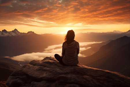 Young woman sitting on the top of a mountain and looking at the sunsetの素材