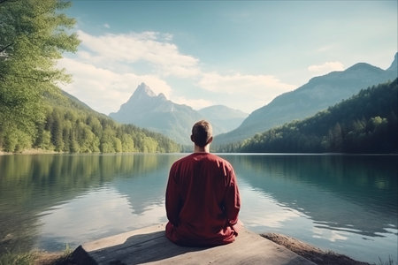 Man sitting on a pier by the lake in the mountains and enjoying the viewの素材