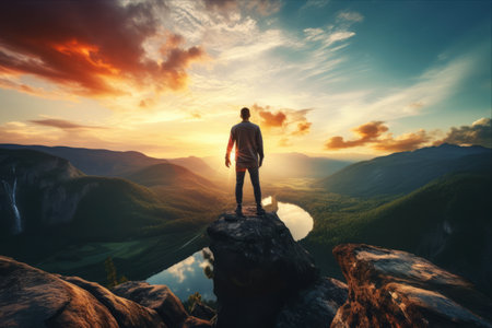 Man standing on edge of cliff and looking at the valley at sunsetの素材