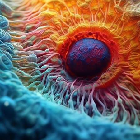 3d rendering of a human eye with cells in the background.の素材
