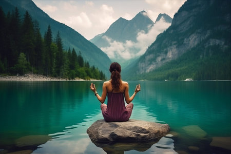 Young woman meditating on a mountain lake in the middle of natureの素材
