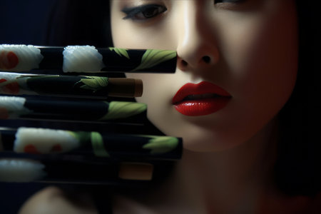 Close-up portrait of a female doll with sushi and chopsticksの素材