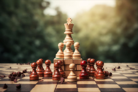 Wooden chess pieces on a chessboard. The concept of business success and leadership.の素材