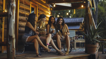 Group of friends sitting on the porch of a wooden house and drinking wineの素材