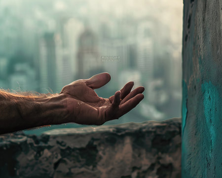 Hands of the man on the background of the city and skyの素材