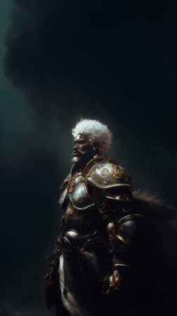Portrait of a medieval knight in armor on a dark background.の素材