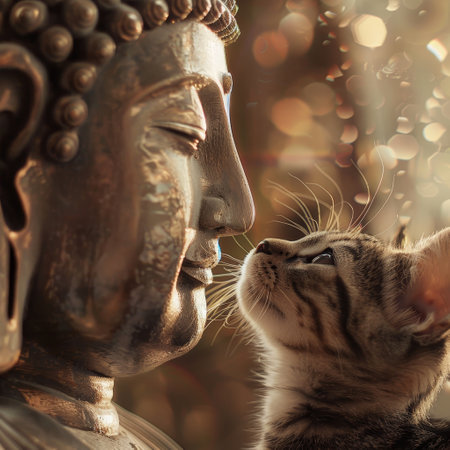 Cat kissing buddha statue in the park. Shallow depth of fieldの素材