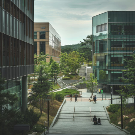 Unidentified people walking in front of a modern office building.の素材