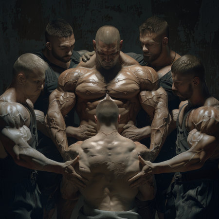 Portrait of a group of strong bodybuilders posing in studio.の素材