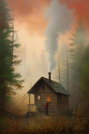 A man stands in front of a log cabin in a foggy forest.の素材