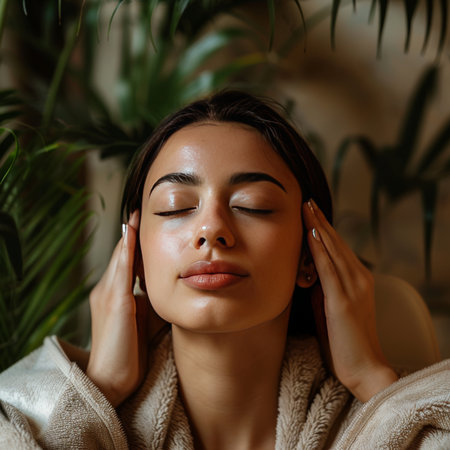 Beautiful young woman with closed eyes relaxing in spa salon. Spa concept.の素材
