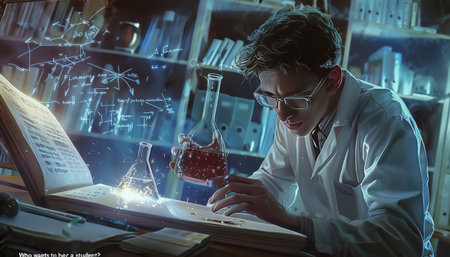 Scientist working in laboratory. Science and chemistry concept. Double exposureの素材