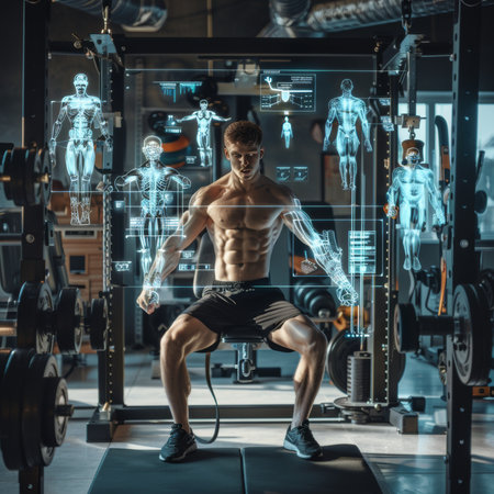 Handsome young muscular Caucasian man working out in a gym gaining weight pumping up muscles and poses fitness and bodybuilding conceptの素材
