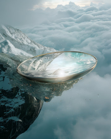 Crystal ball on the background of mountains and cloudy sky. 3d renderingの素材