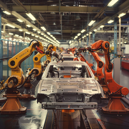 Production line of the automobile industry. Assembly line of the automobile industry. Industrial backgroundの素材