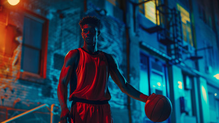 Young african american man playing basketball on street at night.の素材