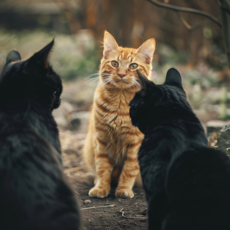 Cute red cat playing with black and white cats in the gardenの素材