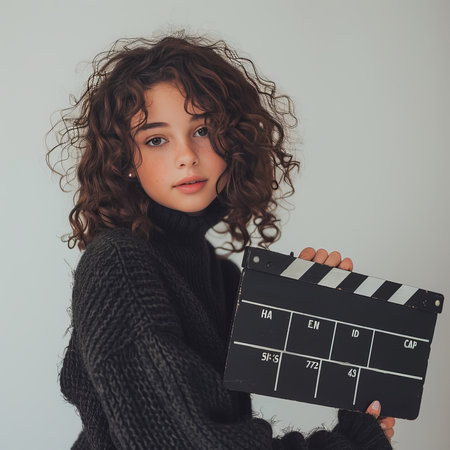 portrait of a girl in a black sweater holding a clapperboardの素材