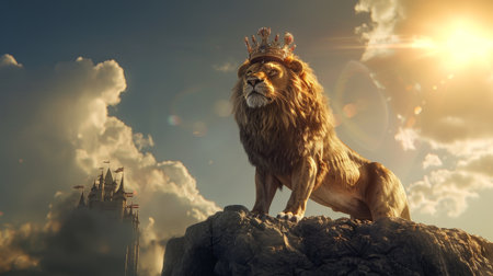 Lion king on the top of a mountain. 3d renderの素材