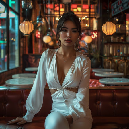 fashion interior photo of beautiful sensual woman with dark hair in elegant clothes posing in restaurantの素材