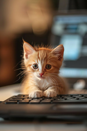 Cute little ginger kitten lying on keyboard and looking at camera.の素材