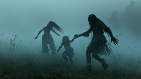 Silhouette of family playing in the meadow in the fogの素材