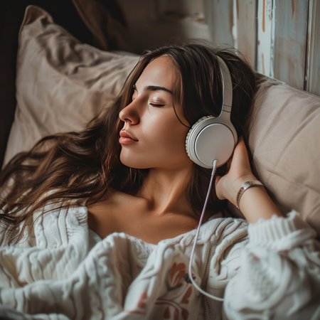 Beautiful young woman in headphones listening to music on bed at homeの素材