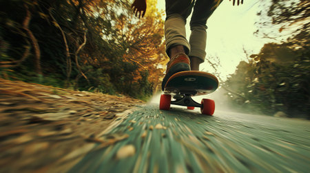 skateboarder skateboarding on the road at sunrise in autumnの素材