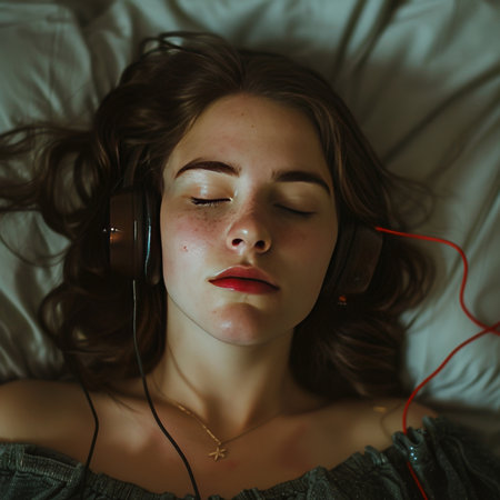 Young woman lying in bed with headphones listening to music. Close up portrait.の素材