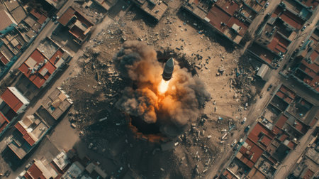 Aerial view of a construction site with a rocket taking off.の素材