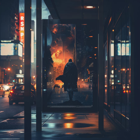 Reflection of a man in a raincoat on a city streetの素材