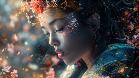 Fantasy portrait of a beautiful Asian woman with fantasy make-up.の素材