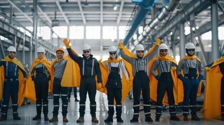 Group of diverse business people wearing superhero costume standing in modern factory.の素材