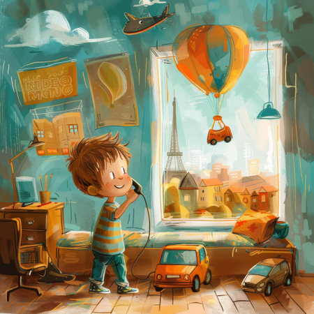 cartoon scene with boy in the room near the Eiffel tower illustration for childrenの素材