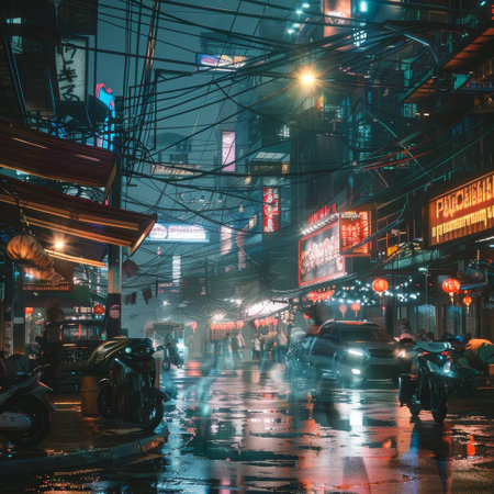 Unidentified people walking on street at night in Hong Kong. Hong Kong is the most populous city in the world with population of 1.8 million.の素材