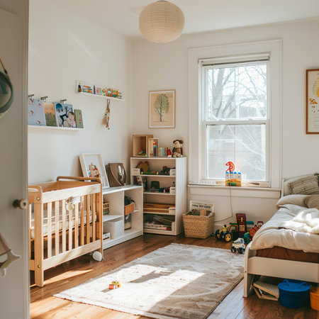 Interior of a child's room with a crib and toys.の素材