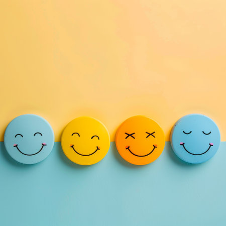 Smiling face emoticons on colorful background. Flat lay, top viewの素材