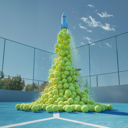 Tennis rocket with balls on tennis court. 3D rendering.の素材