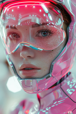 Close-up portrait of a beautiful girl in a futuristic helmet. The concept of artificial intelligence and machine learning.の素材