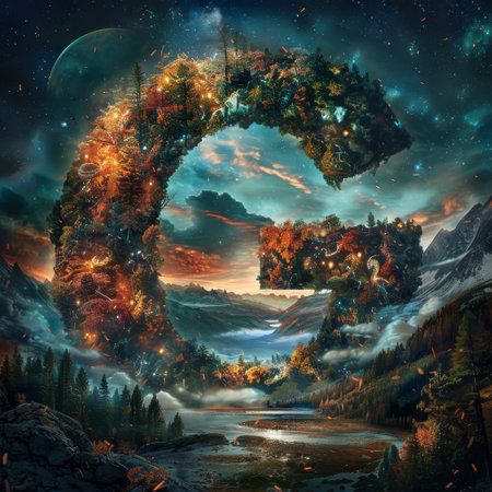 Fantasy landscape with magic forest and lake at night. Digital paintingの素材