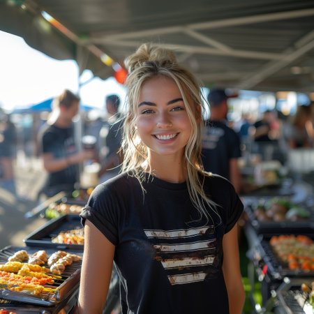 Beautiful young blonde woman at a street food market in the cityの素材