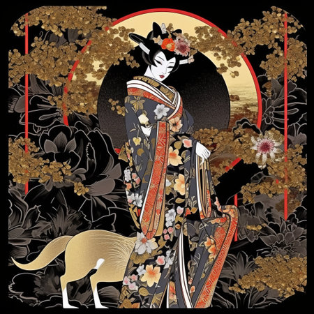 Illustration of a Japanese geisha with a horse in the backgroundの素材