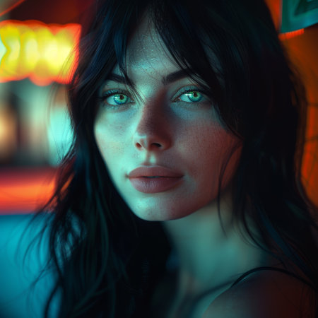 Portrait of a beautiful young woman with blue eyes in a nightclubの素材