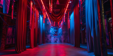Luminous corridor with red curtains in a dark room, tonedの素材