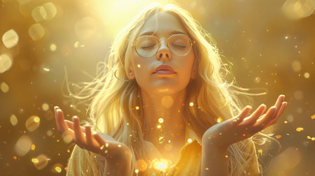 Portrait of a beautiful blonde woman with closed eyes on a golden backgroundの素材