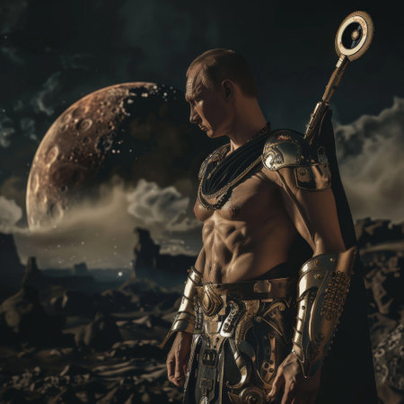 Portrait of a gladiator in armor against the background of the moon.の素材