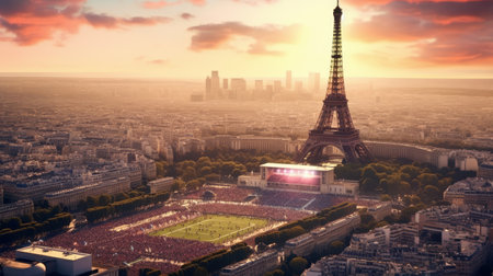 Panoramic view of Paris and Eiffel Tower at sunsetの素材