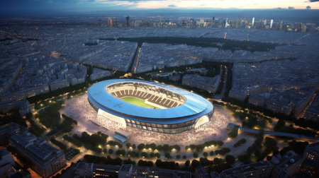 Aerial view of the European football stadium in Paris at sunset.の素材
