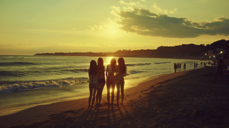 Silhouette of three young women on the beach at sunset.の素材
